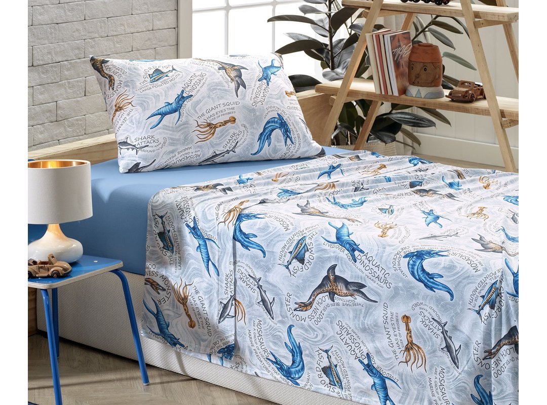 Jogo de cama completo em malha azul jeans
